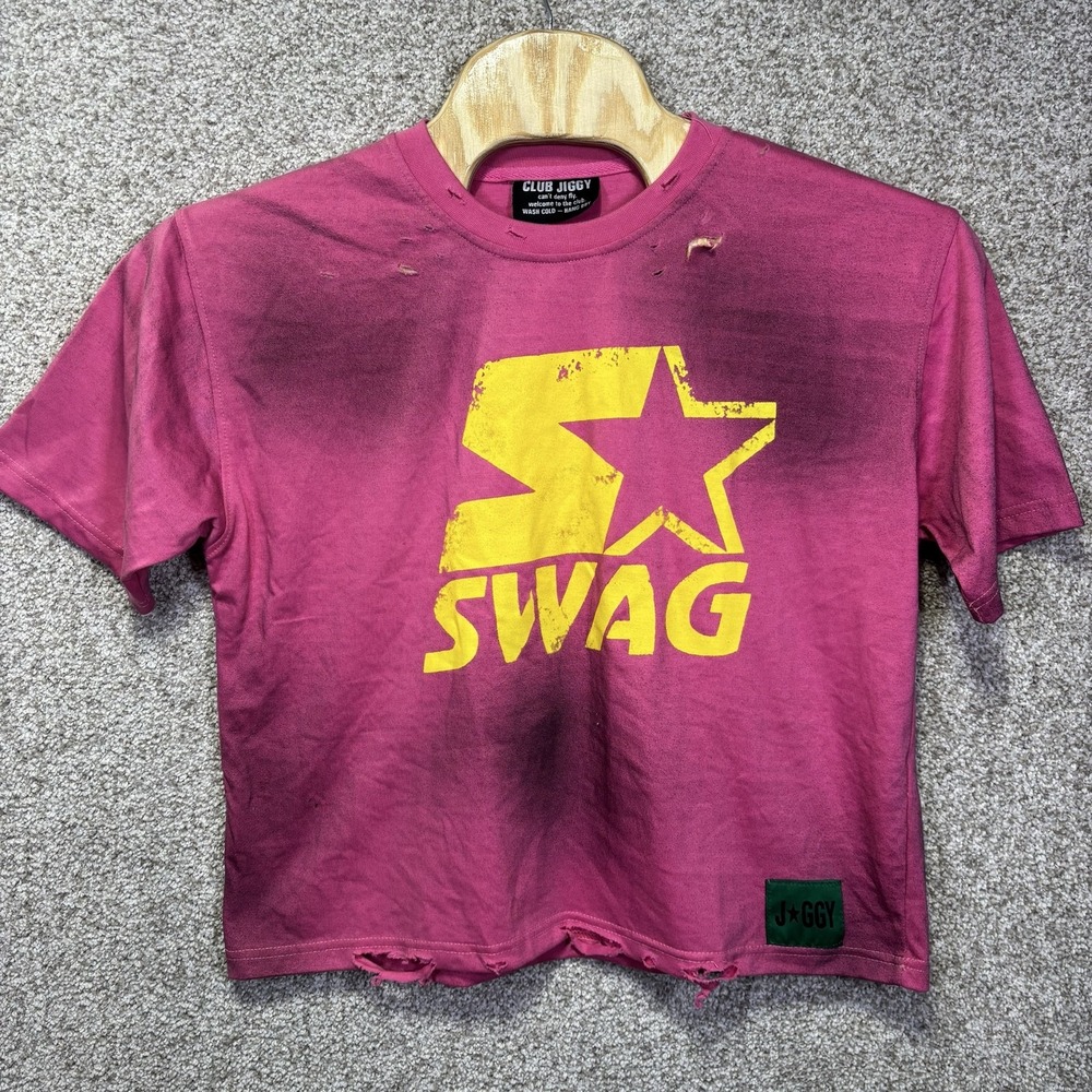 Club Jiggy Shirt Womens M Pink Cropped SWAG Star Graphic Tee Distressed